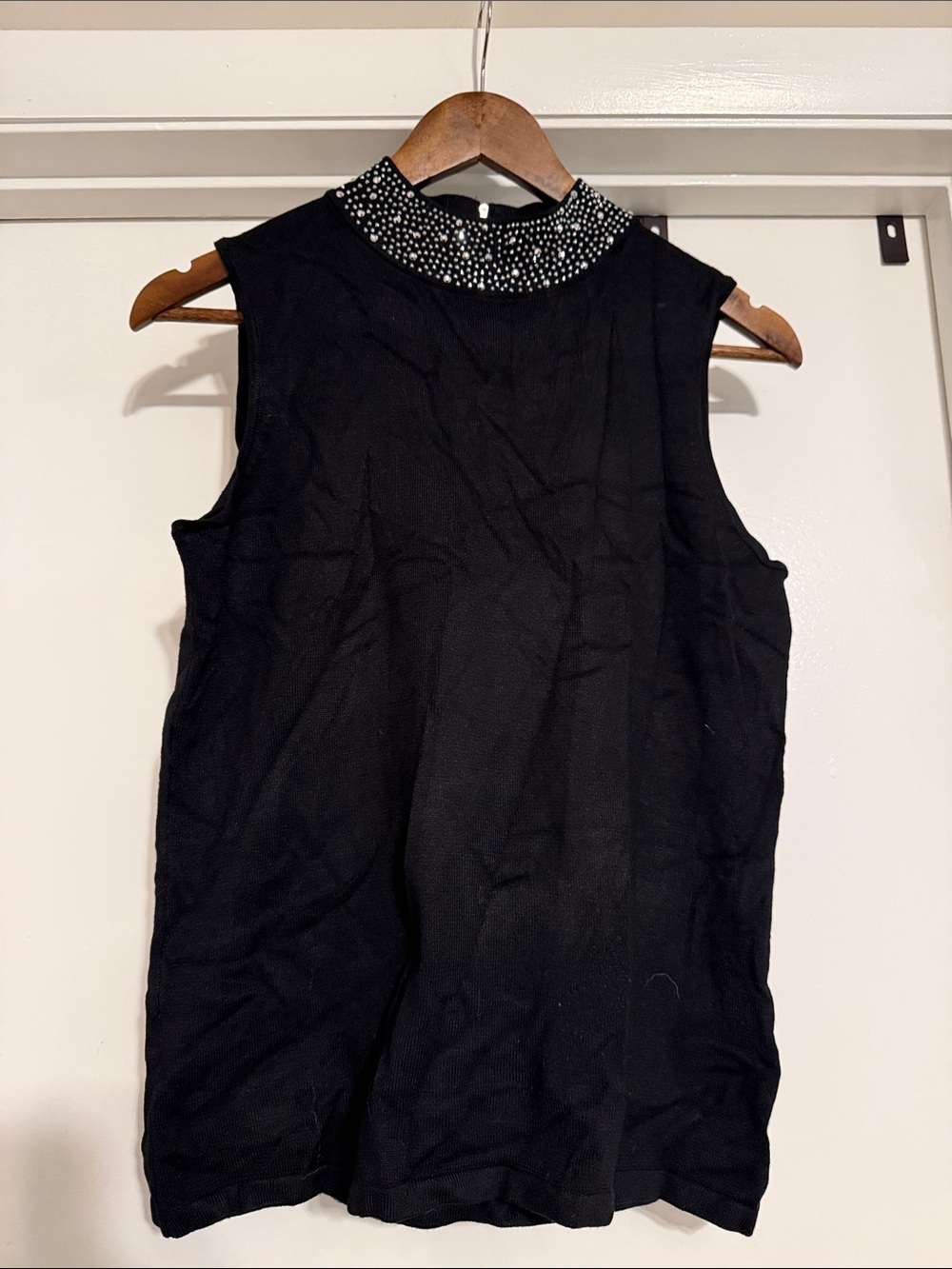 Carmen Marc Valvo Black Sleeveless Top with Beaded Mock Neck